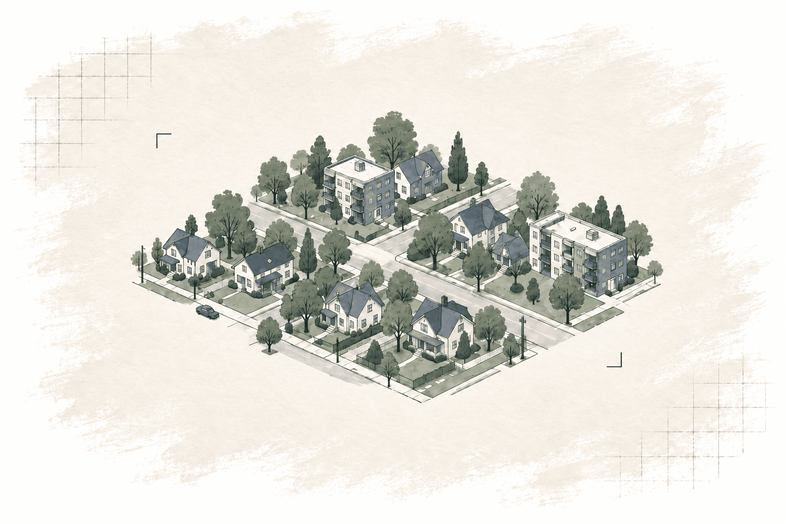 Illustrated aerial view of a tree-lined neighborhood with detached homes and small apartment buildings
